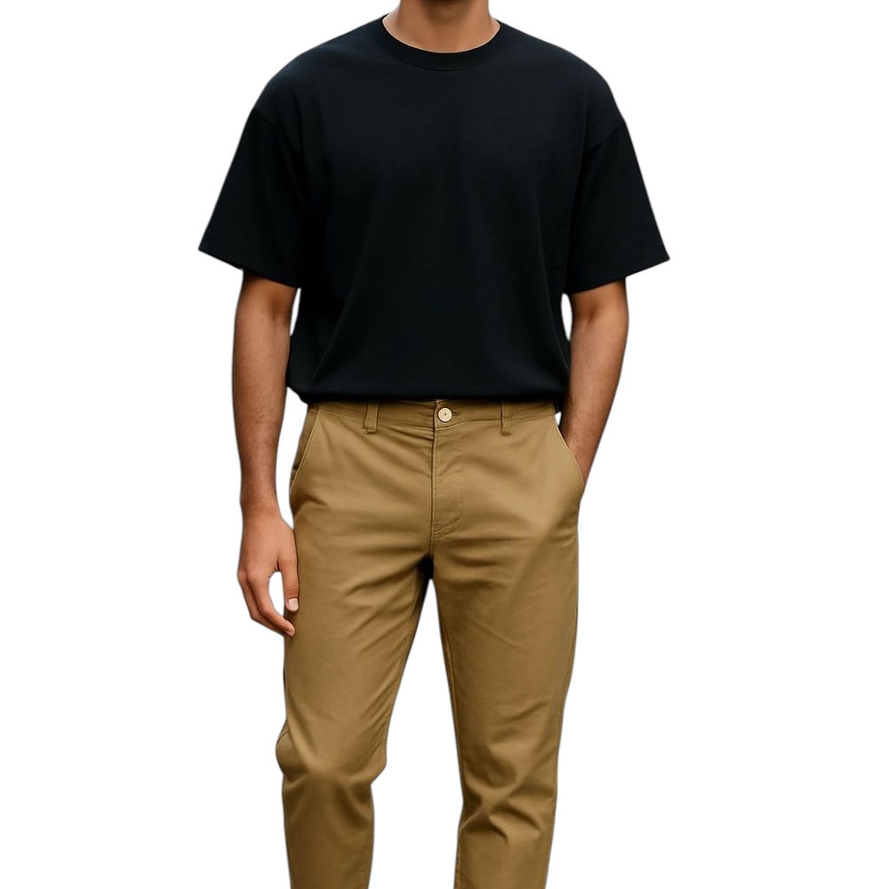 Black T-Shirt and Tan Pants